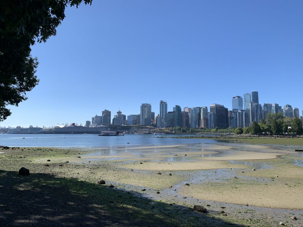 バンクーバー港近くで自転車を借りて、スタンレーパークへサイクリングしている途中でシティが見える。