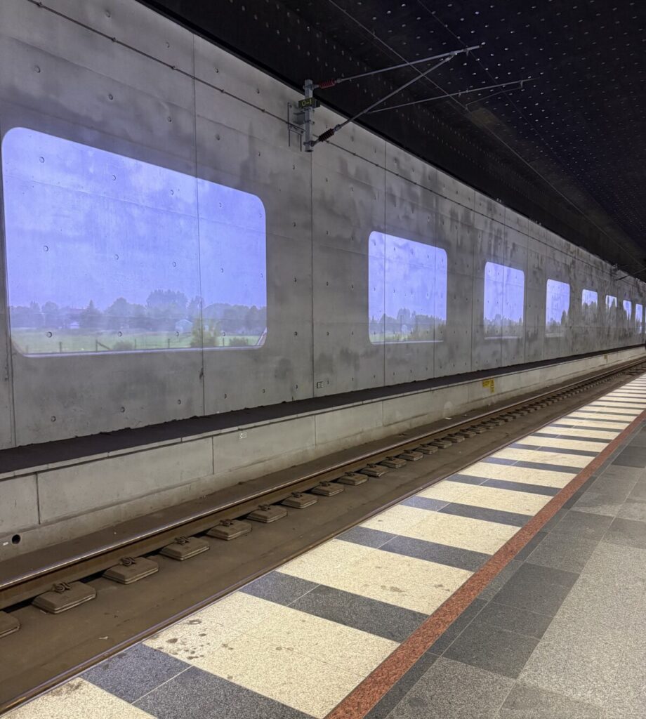 マルメのセントラルステーション。壁がスクリーンになって映画館のような駅。