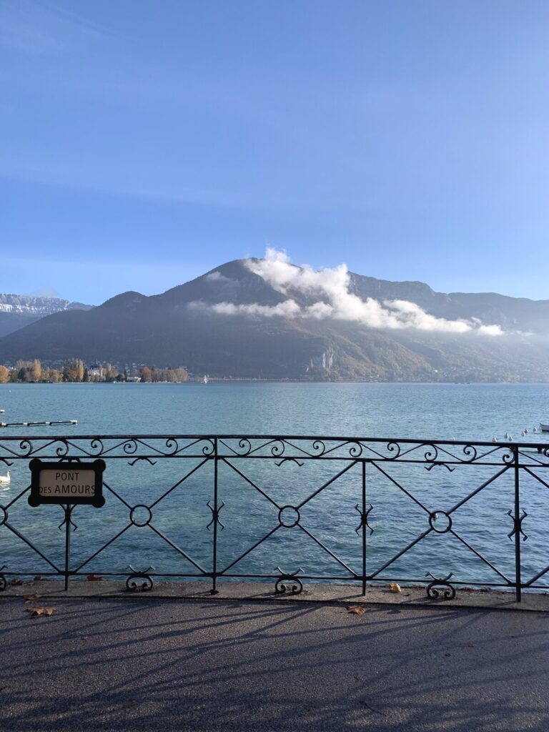 アヌシー湖畔の鉄柵越しに望むアルプスの山々