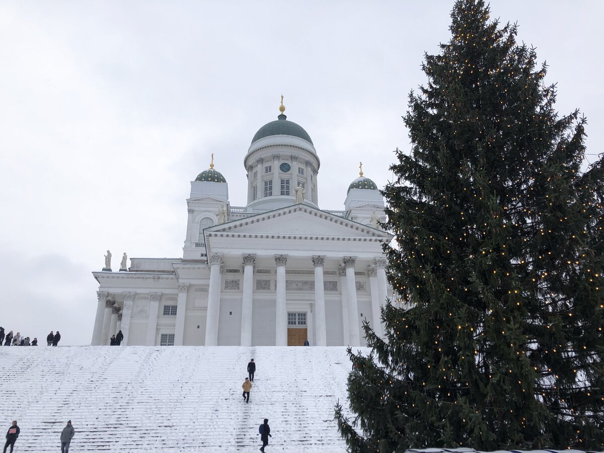 雪のヘルシンキ大聖堂とクリスマスツリー