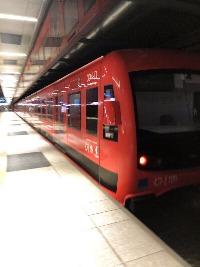 地下ホームのヘルシンキ赤いコミューター列車