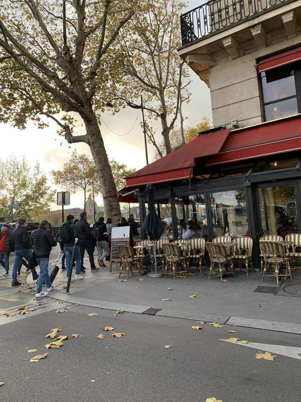 Café du Pont Neuf（パリ1区ルーブル徒歩数分・Pont Neuf橋たもと）の外観 - 秋のセーヌ川沿いのプラタナス並木と赤い庇のテラスカフェ