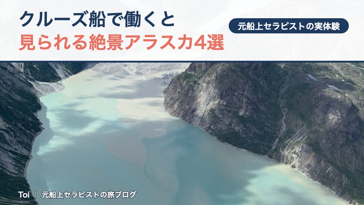クルーズ船で働くと見られるアラスカの絶景のアイキャッチ。遊覧飛行からの氷河（筆者撮影）